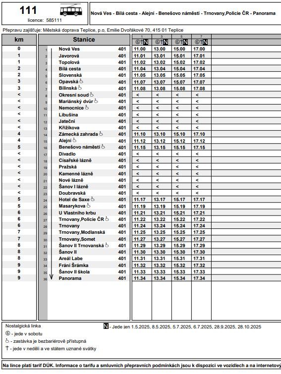 Jízdní řád s historickým vozem na lince 111, 1.5. a 8.5.2025