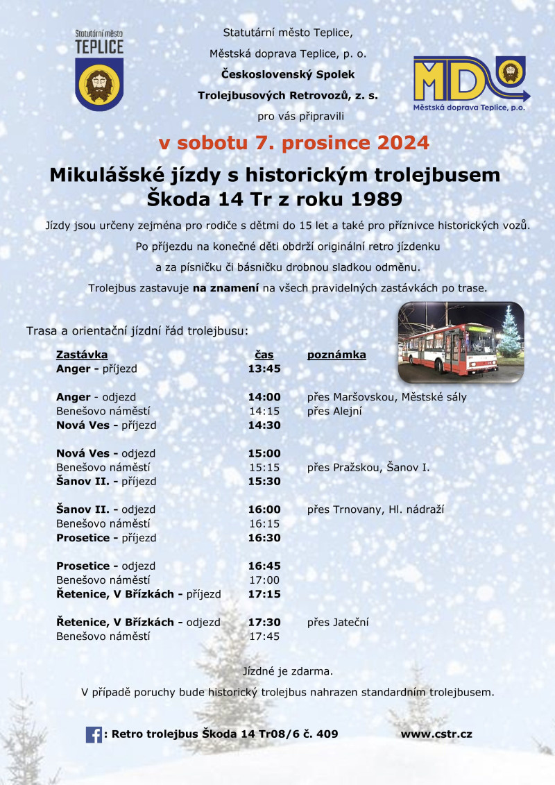 Plakát mikulášských jízd trolejbusu 14Tr 409 v Teplicích